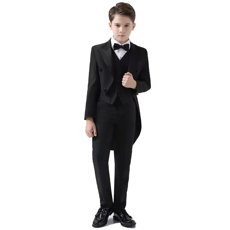 Boys (Blazer+Vest+Pants) 3 Piece Classic Black Suit Kids Fashion Slim Fit Peak Lapel Formal Tailcoat Child Elegant Wedding Suit