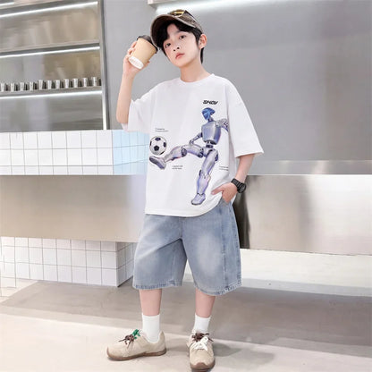 Tween Boys Summer Sets Clothing Child Tshirt Denim Shorts Two Pieces Sports Suit For Kids Teenagers 5 6 7 8 9 10 11 12 13 14 Yrs