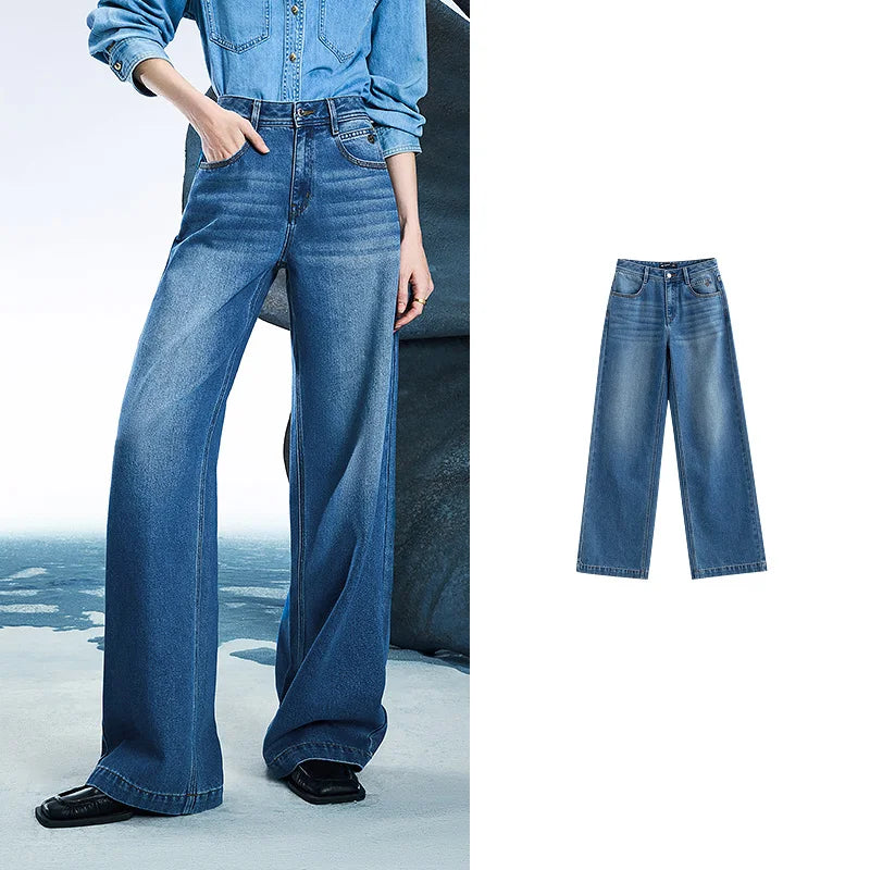 Women Denim Jeans 2025 Spring New Acetate Wide Leg Mid Low Waist Slim Fit Straight Wide Leg Pants