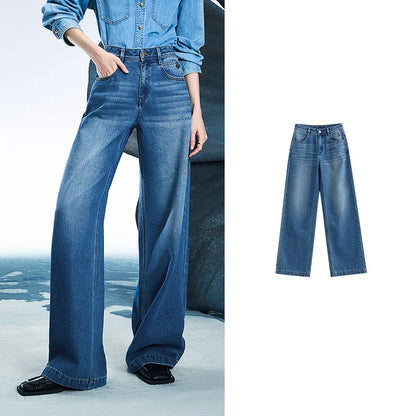 Women Denim Jeans 2025 Spring New Acetate Wide Leg Mid Low Waist Slim Fit Straight Wide Leg Pants