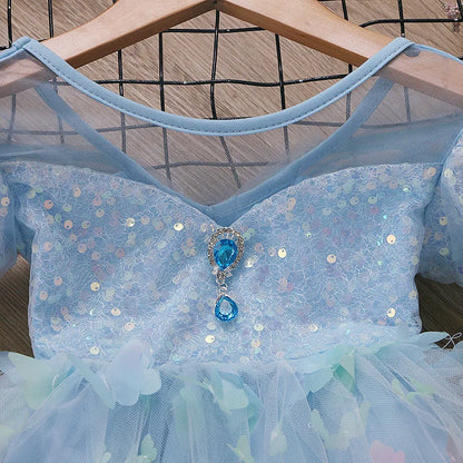 Baby Girls Butterfly Wings Fairy Gauze Princess Puff Sleeve Dress Lovely Kids Summer Tulle Dress Child Birthday Party Gown Dress