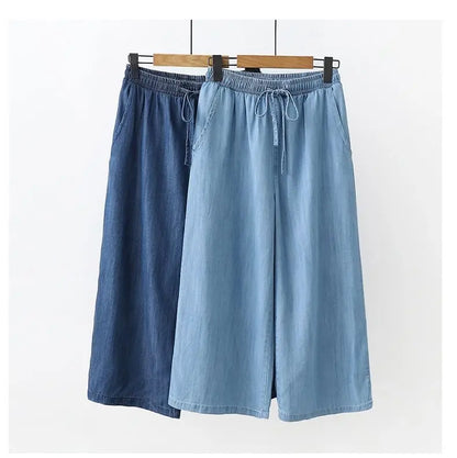 Women's Pants Summer Drawstring Wide-leg Pants Cotton Blue Calf-Length Jeans Pants Mom Elastic Waist Straight Pants Women