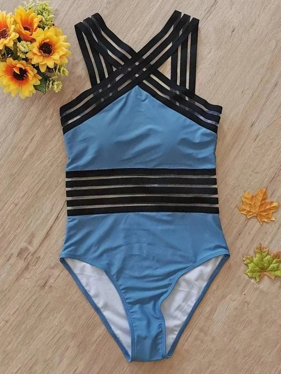 Solid Mesh Tape Swimsuit 2026 One Piece Sexy High Neck Swimwear Women Cross Front Bathing Suit Female Padded Beachwear Bodysuit
