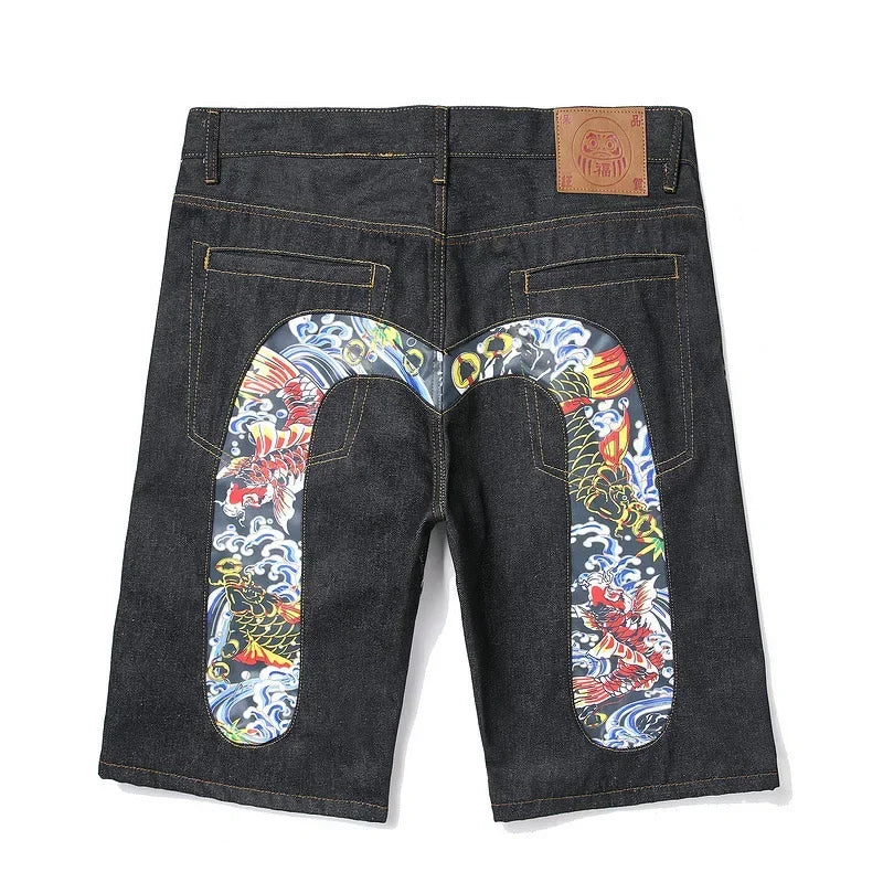 Men Embroidery Denim Shorts Black Hiphop Jeans Pants Cherry Blossom Dragon Totem Washed Zipper Cotton Summer cherry blossoms 024