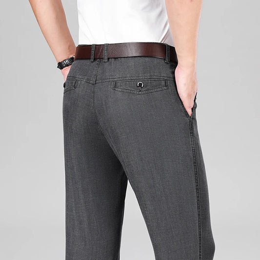 Fabric 2026  Spring Summer Men's Black Thin Straight Jeans Classic Style Business Fashion Stretch Loose Jeans Male Brand