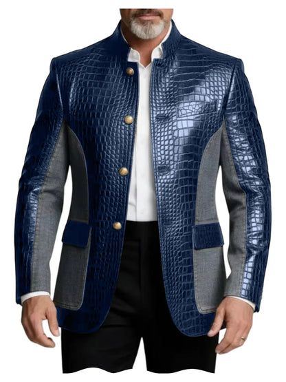 Men's Crocodile Embossed Leather Brown Jacket Patchwork Denim Stand Collar Slim Fit Luxury PU Blazer For Business Casual Party