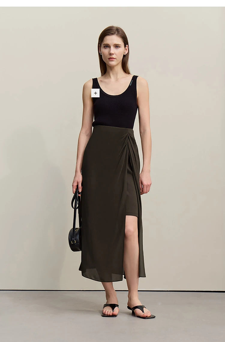 Women's Skirt 2026 Summer Elegant Chiffon Midi Skirt Pleated Side Slit Office Casual Versatile Women's Clothing 12612002