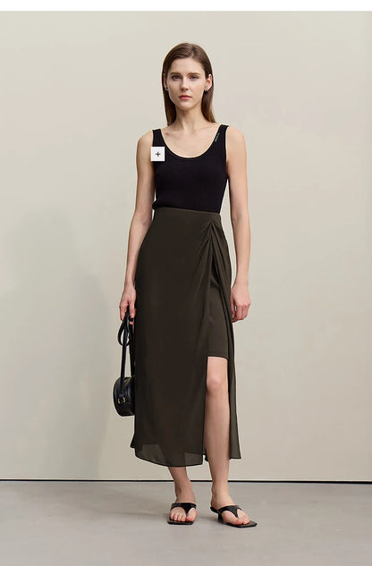 Women's Skirt 2026 Summer Elegant Chiffon Midi Skirt Pleated Side Slit Office Casual Versatile Women's Clothing 12612002