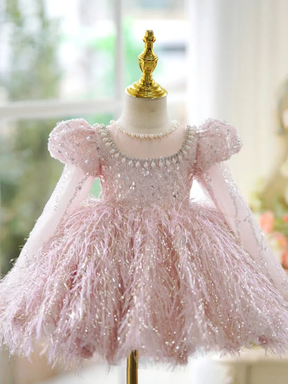 Fashion Baby Girl Princess Sequins Feather Dress Puffy Sleeve Toddler Child Pearl Vestido Party Birthday Baby Clothes 2-14Y
