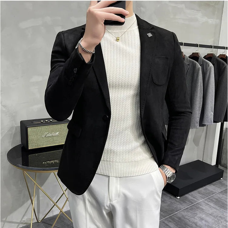 Men's Deerskin Fleece Suit Jacket 2025 Spring New High Quality Single Button Slim Fit Business Casual Suit Coat  Men Clothing