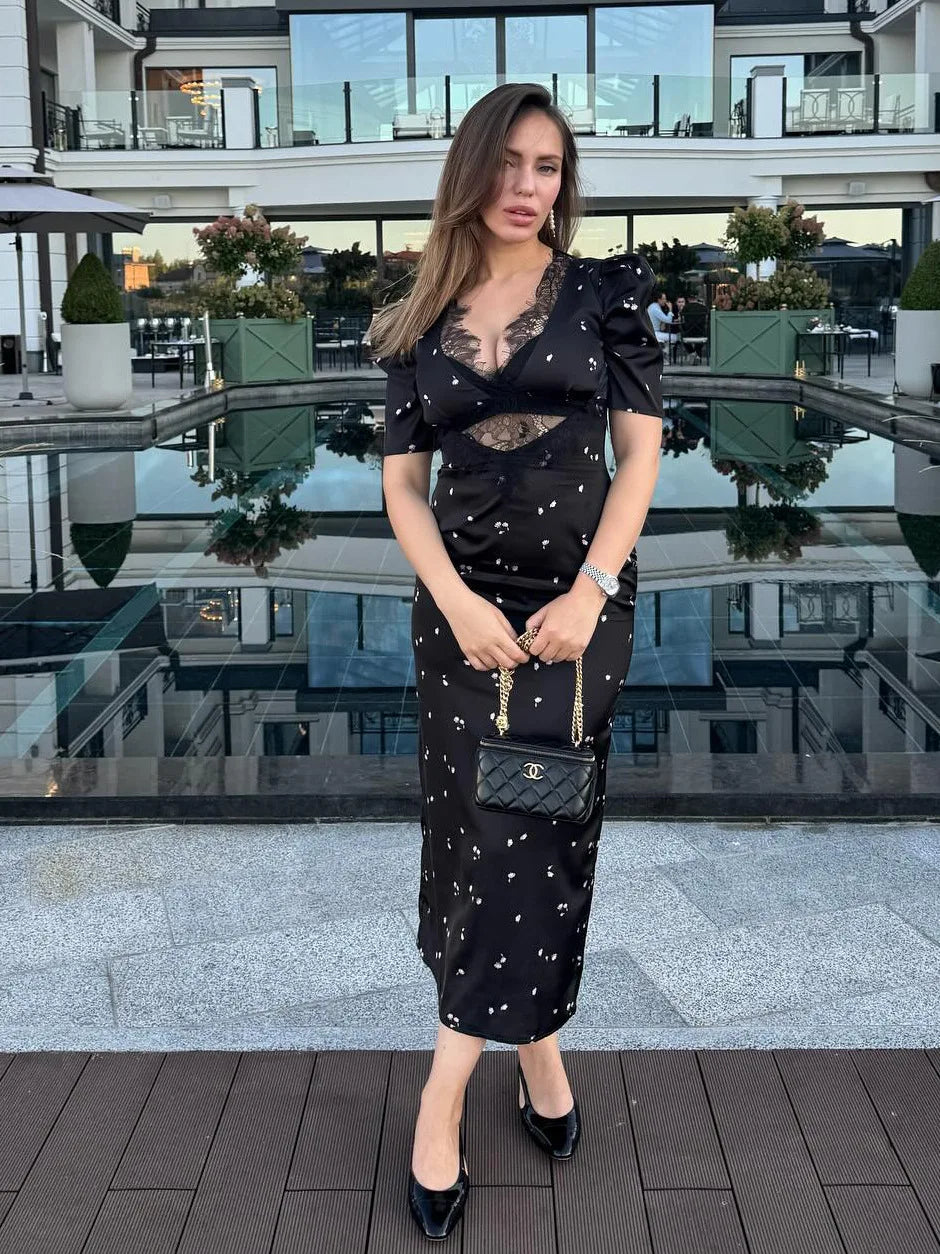 Lace Patchwork Printed Maxi Dresses For Women Fashion Sexy Streetwear Short Sleeves Slim Hollow Out Long Vestidos Robes Female