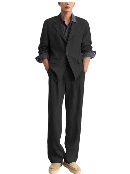 Men's Linen 2 Piece Set Notched Lapel Loose Fit Blazer Wide Leg Trousers Lightweight Breathable Spring Business Casual DailyWear