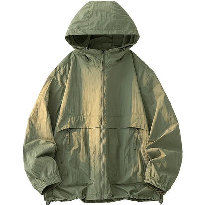 UPF50+ Men's Hooded Sunscreen Jacket Summer Ultra Thin Zipper Pocket Windbreaker Elastic Cuffs Outdoor Hiking Fishing Skin Coats