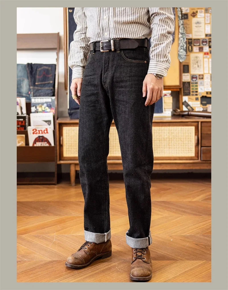 Black Jeans Straight Fit 14.5oz Selvedge Denim Pants Rinsed