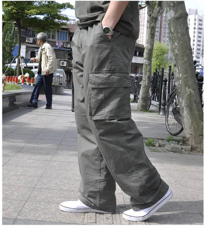 Spring Men cargo cotton pants pocket large size big 8XL 10XL 9XL 140KG loose out door casual safari style pants black 46 48 50