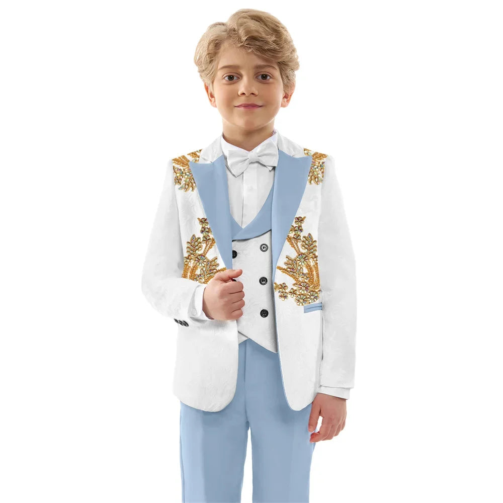 Hot Sale Boys Jacquard Suits 4 Pieces Wedding Ring Bearer Outfit Exquisite Slim Fit Suit Set For Kids School Performance Wear