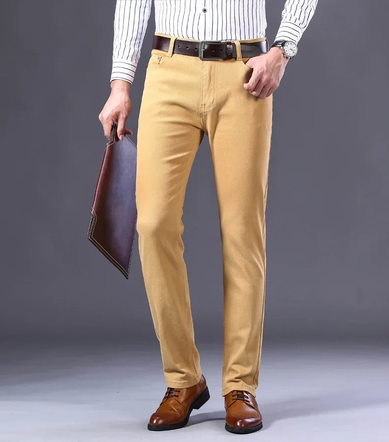 Brand Classic Style Men's Wine Red Jeans Fashion Business Casual Straight Denim Stretch Trousers Male Denim Pants Korean reviews