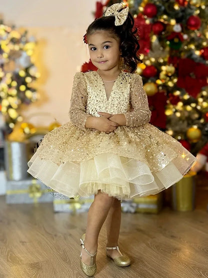 Customized Flower Girl Dresses White Tulle Puffy Tiered Sequin Long Sleeve For Wedding Birthday Party Banquet Princess Gowns