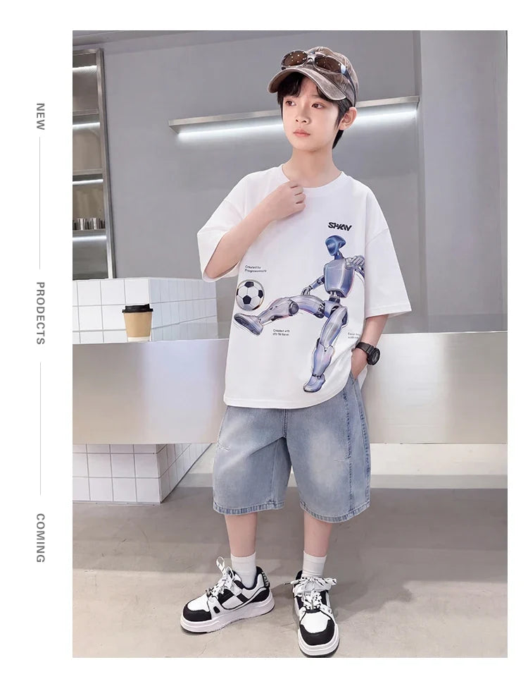 Tween Boys Summer Sets Clothing Child Tshirt Denim Shorts Two Pieces Sports Suit For Kids Teenagers 5 6 7 8 9 10 11 12 13 14 Yrs