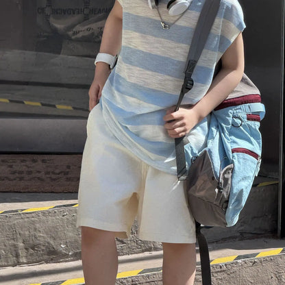 Breathable Lightweight Blue Striped Sleeveless Pure Cotton Shorts Kids Boy Clothes Set Cartoon Children's Fashion Korean Boys'