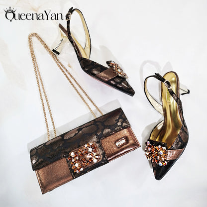 2025 Wine Colour Wedding Women High Heels for Italian Design Shoes and Bag Rhinestone Decorate Pointed-Toe Gorgeous Parties
