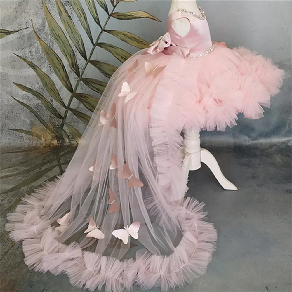 Customized Flower Girl Dresses Puffy Girl Dress Pink Baby Dress With Train Bow Cute Kid's Child Birthday Dresses Frist Communion