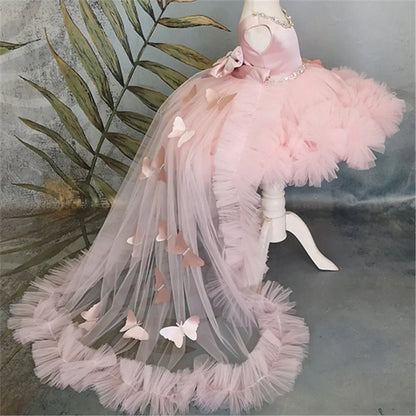 Customized Flower Girl Dresses Puffy Girl Dress Pink Baby Dress With Train Bow Cute Kid's Child Birthday Dresses Frist Communion