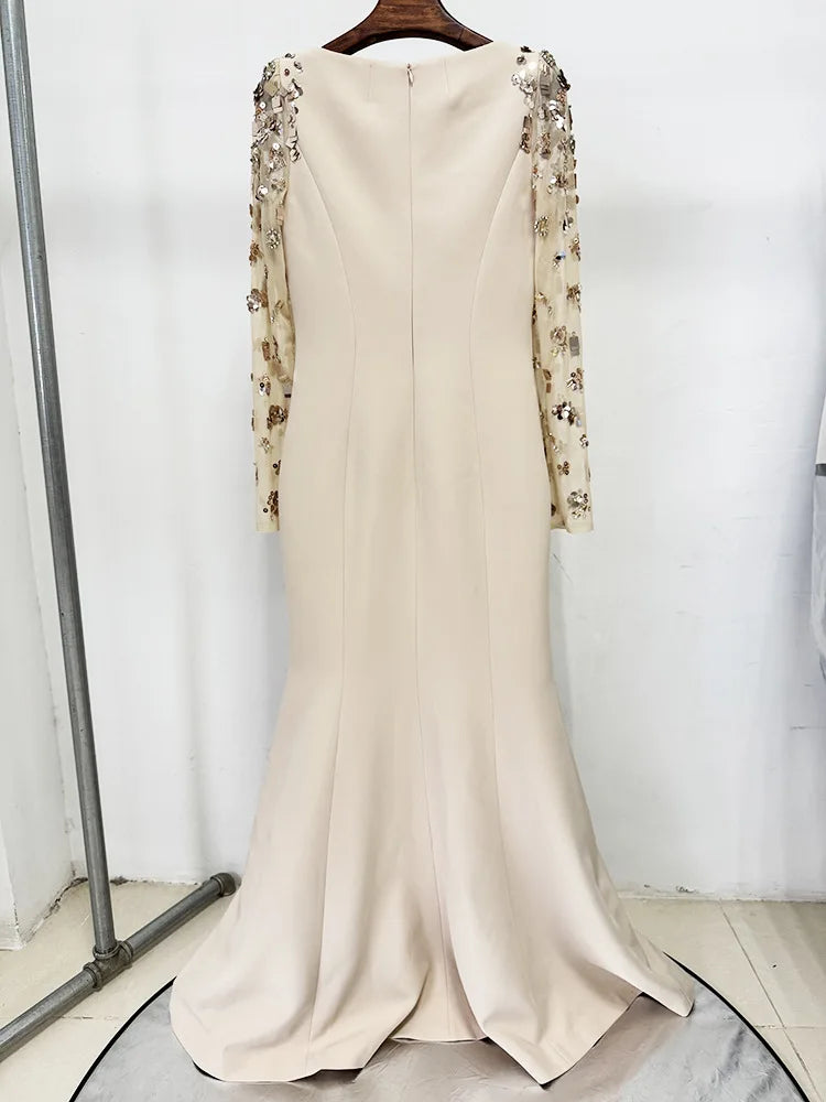 HIGH STREET Newest Fashion 2026 Designer Party Vestido Women's Spliced Mesh Diamonds Beaded Long Sleeved Maxi Long Dress