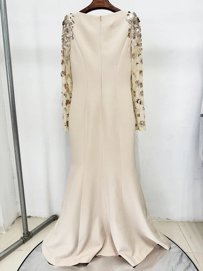 HIGH STREET Newest Fashion 2026 Designer Party Vestido Women's Spliced Mesh Diamonds Beaded Long Sleeved Maxi Long Dress