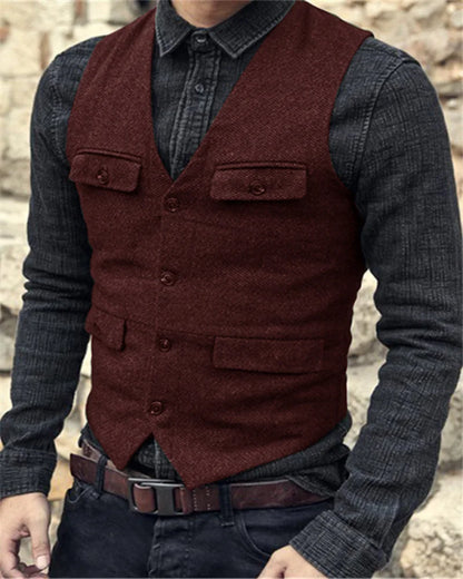 Men Vest V Neck Classic Steampunk Suit Wool Tweed Notch Lapel Thick Tweed For Wedding Groom Banquet Waistcoat