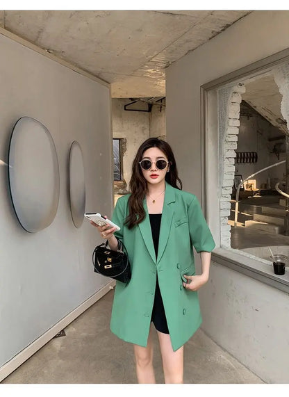 Korean Fashion Loose Thin Blazer Women Spring Autumn New Extra Large Mid Length Short Sleeved Women Coat Casual Outwear