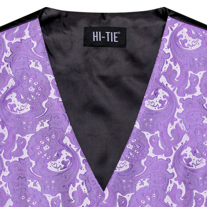Elegant Purple Silk Mens Vests Tie Fashion Paisley Jacquard Sleeveless Jacket 4PC Hanky Cufflink Paisley Suit Waistcoats Wedding