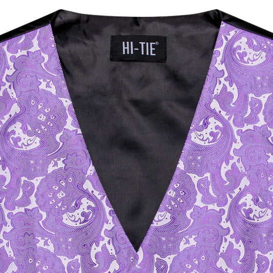Elegant Purple Silk Mens Vests Tie Fashion Paisley Jacquard Sleeveless Jacket 4PC Hanky Cufflink Paisley Suit Waistcoats Wedding