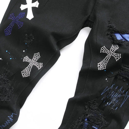 Men Crystal Cross Stretch Denim Jeans Holes Ripped Distressed Black Pants Embroidery Slim Tapered Trousers