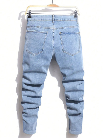 High Stretch Men's Ripped Jeans for Men Cool Skinny Slim Denim Pants Patchwork Hip Hop Black Blue Casual Jogging Trousers