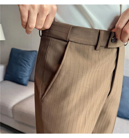 Autumn Winter Thick Suit Pants Men Elastic Waist Business Classic Straight Striped Formal Pants High Quality Slim Fit Trousers