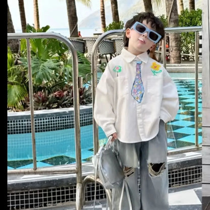 Boys Spring and Autumn Printed Fake Tie Shirt, Ripped Jeans 2-pcs Set New Graffiti Loose Fit Long Sleeve Thin Shirt Pant Suit