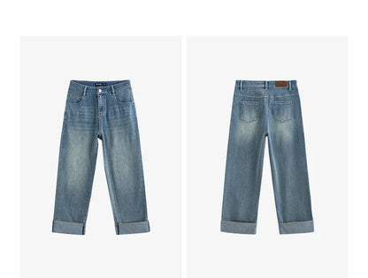 Women Denim Jeans 2025 Spring New Straight Wide Leg Rolling Up Ankle Length Cropped Pants