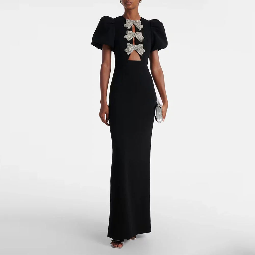 Modern Black Women's Evening Gown Mermaid Floor Length Formal Party Dress Short Puff Sleeves Saudi Dress With Bow Prom Dress