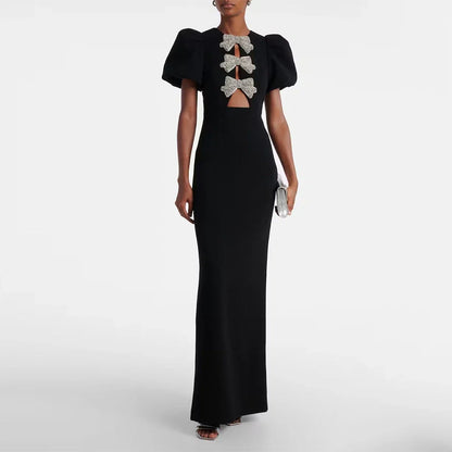 Modern Black Women's Evening Gown Mermaid Floor Length Formal Party Dress Short Puff Sleeves Saudi Dress With Bow Prom Dress