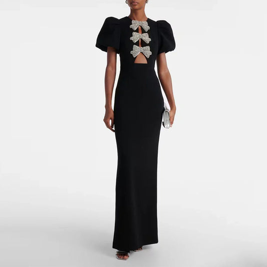 Modern Black Women's Evening Gown Mermaid Floor Length Formal Party Dress Short Puff Sleeves Saudi Dress With Bow Prom Dress