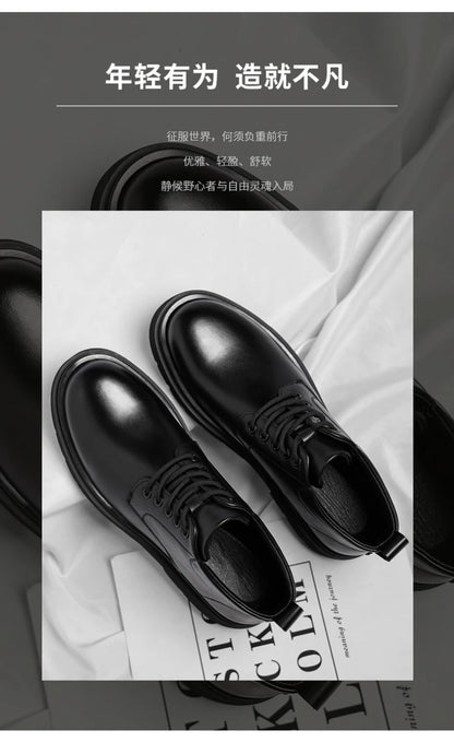 Mens Black Leather Lace Up Mid Top Boots Winter Warm Formal Business Office Wedding Shoes Black Work Boots Fashionable Dad Shoes