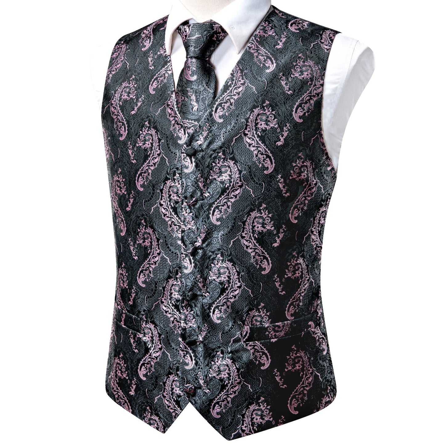 High Quality Silk Mens Vests Pink Gray Floral Waistcoat Tie Hanky Cufflinks Brooch Set for Men Suit Wedding Office Gift