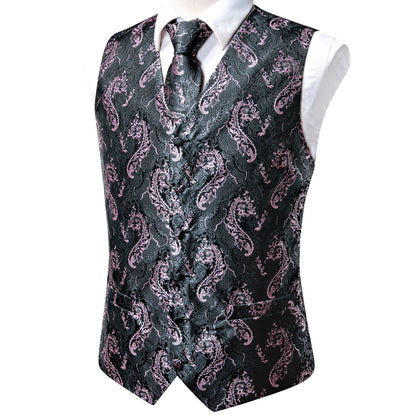 High Quality Silk Mens Vests Pink Gray Floral Waistcoat Tie Hanky Cufflinks Brooch Set for Men Suit Wedding Office Gift