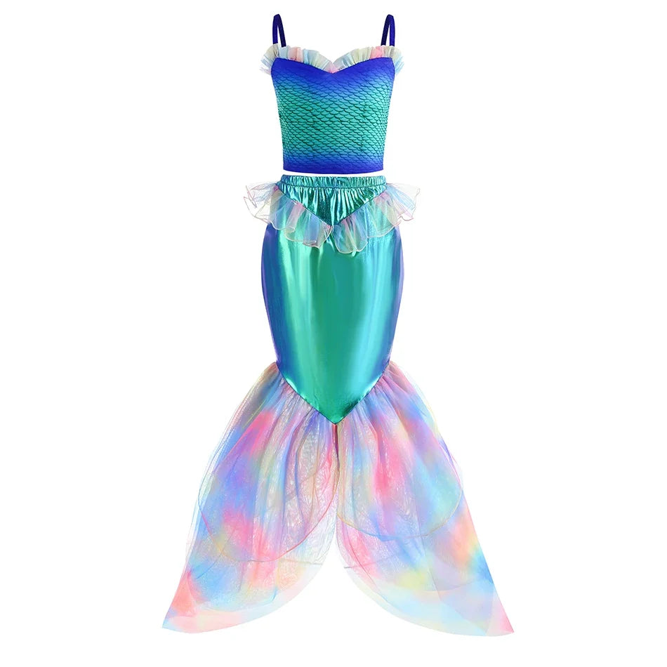 2024 NEW Two Pieces Mermaid Dress up Top and Tail Skirt Girls Off Shoulder Princess Dress Ariel Role Play Kids Halloween Apparel