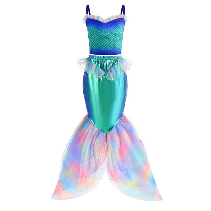 2024 NEW Two Pieces Mermaid Dress up Top and Tail Skirt Girls Off Shoulder Princess Dress Ariel Role Play Kids Halloween Apparel