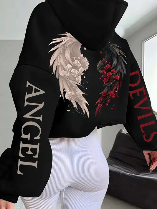 Women's Plus-size Hooded Sweatshirt Gothic Angel and Demon Pattern Autumn and Winter Fleece Streetwear Oversized Loose Casual