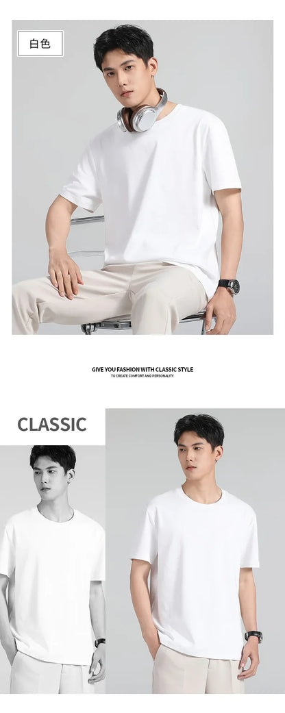 Plus Size 4XL 5XL Liquid Ammonia Mercerized Cotton T-shirt For Men Summer Cool Feeling Round Neck Top Clothes Short Sleeve Tees
