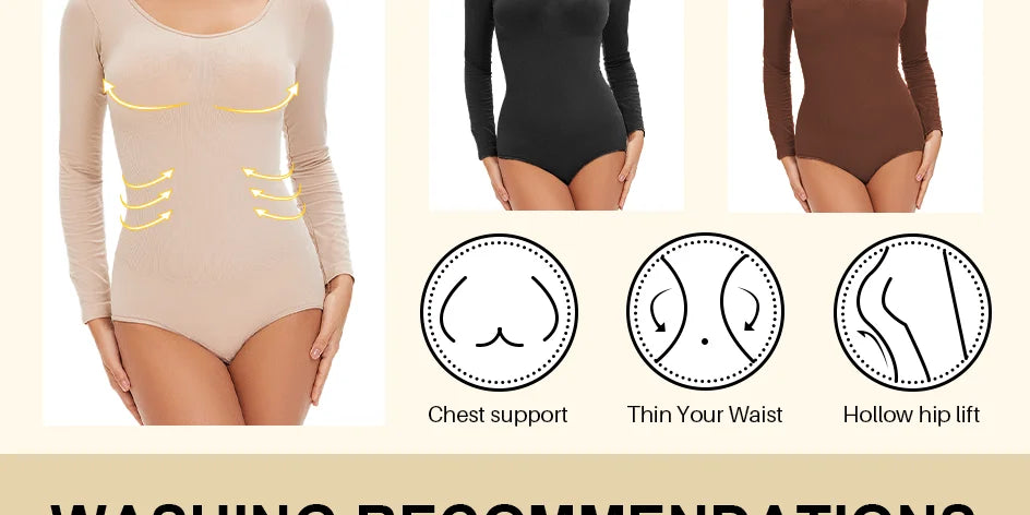Spandex Elastic Body Suit Shapewear Women Body Shaper Tummy Control Long Sleeve Open Crotch Round Neck Seamless Shapers