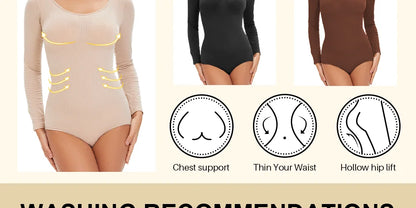 Spandex Elastic Body Suit Shapewear Women Body Shaper Tummy Control Long Sleeve Open Crotch Round Neck Seamless Shapers